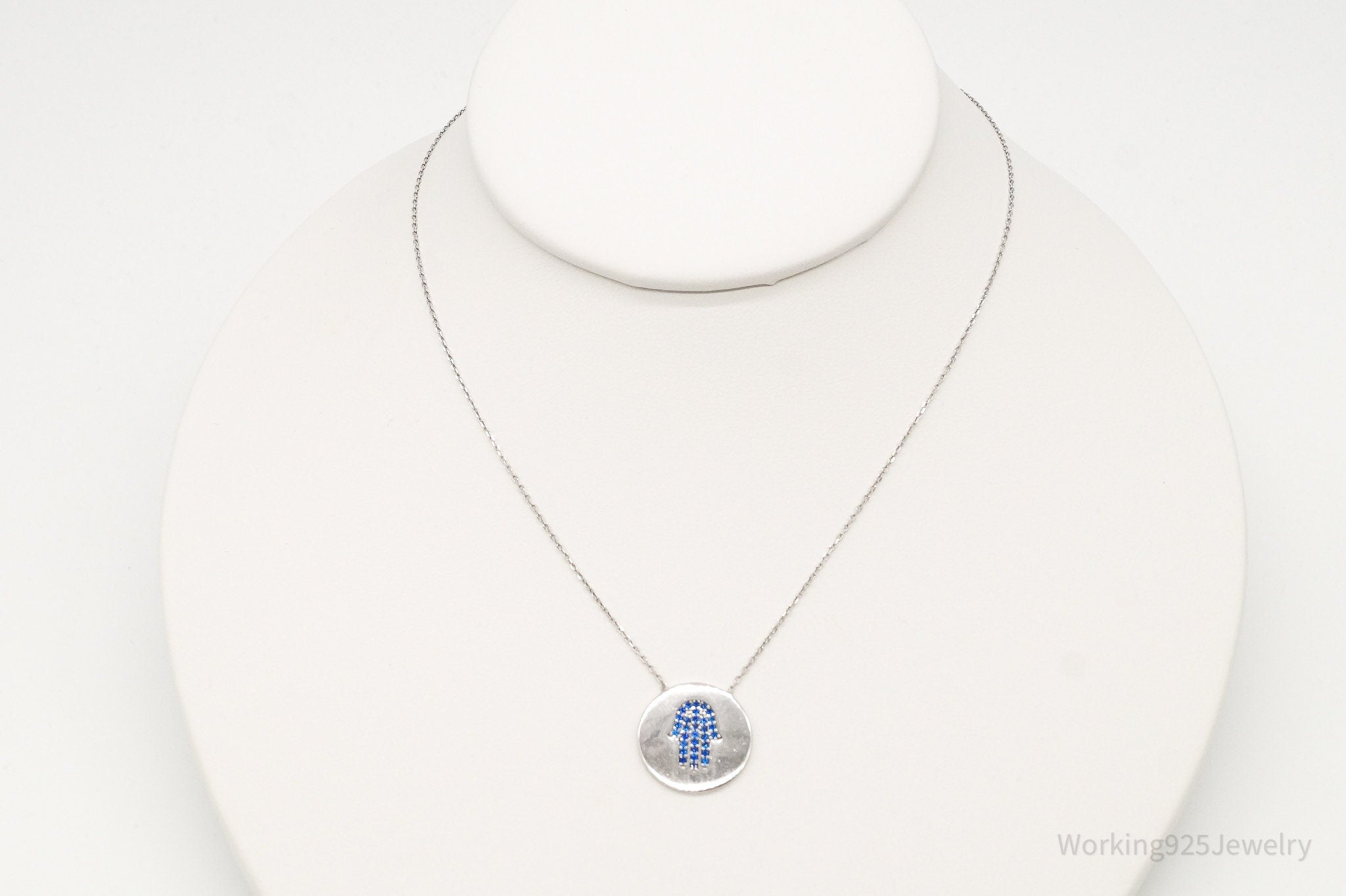 Vintage Blue Cubic Zirconia Hamsa Hand Sterling Silver Necklace | Jewelry > Necklaces > Pendants | Wiccan Center