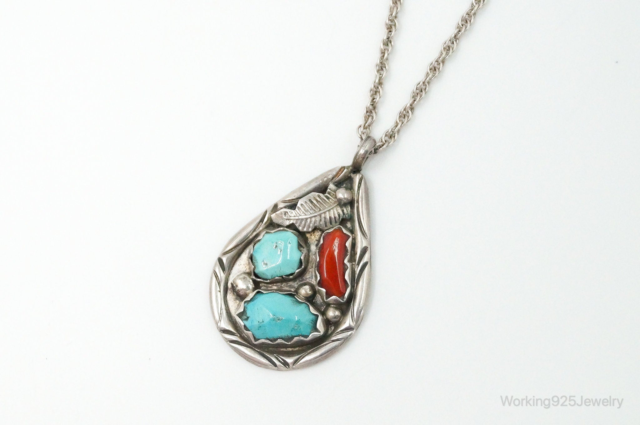 VTG Native American Afonso Penketewa Turquoise Coral Sterling Silver Necklace | Jewelry > Necklaces > Pendants | Wiccan Center