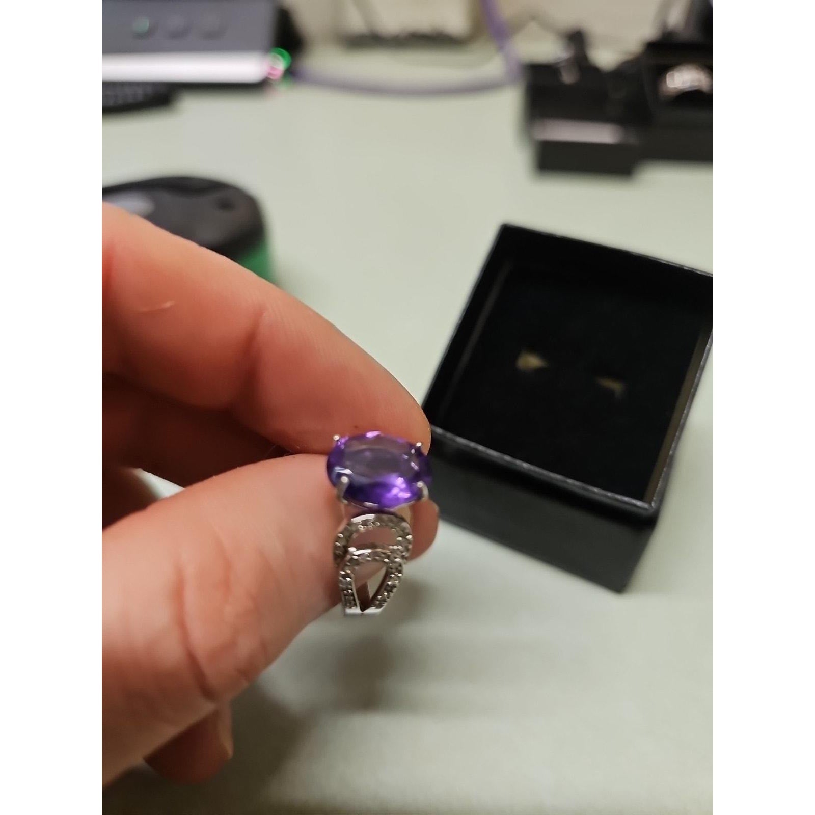 Womens 14K White Gold Platinum Finish Size 6 Ring Amethyst & Diamonds
