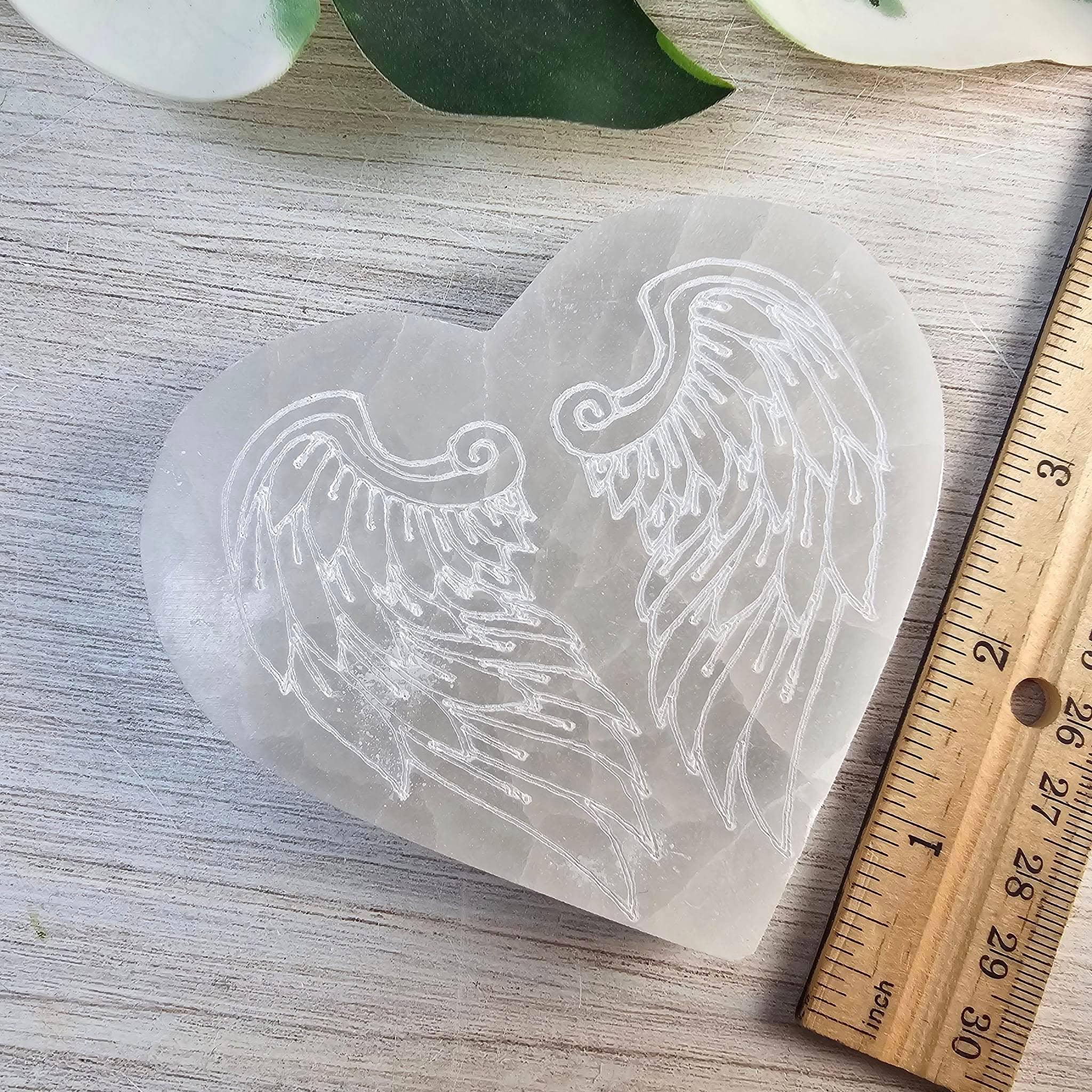 Selenite Heart w/Etched Wings Charging Plate