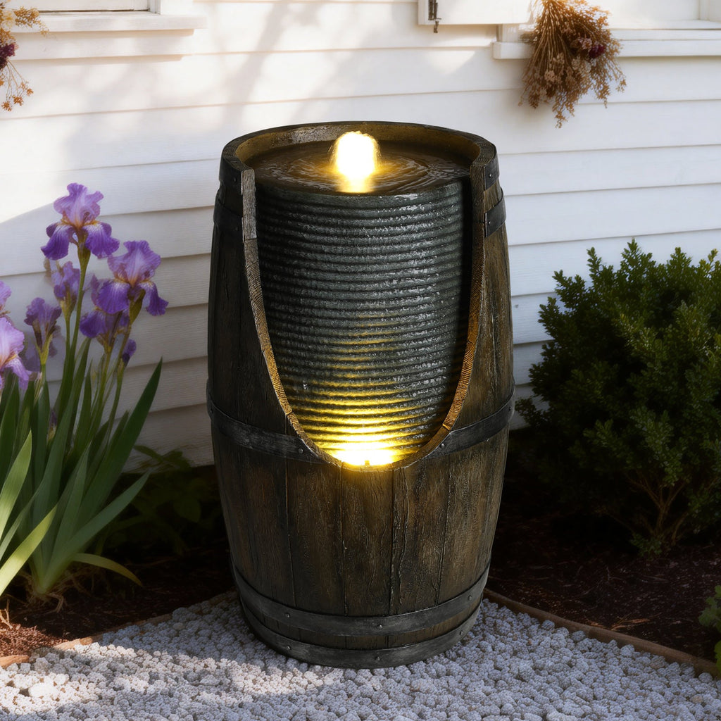 Resin Rustic Barrel Outdoor Water Fountain 24 Inch LED | Outdoor Fountain | Wiccan Center