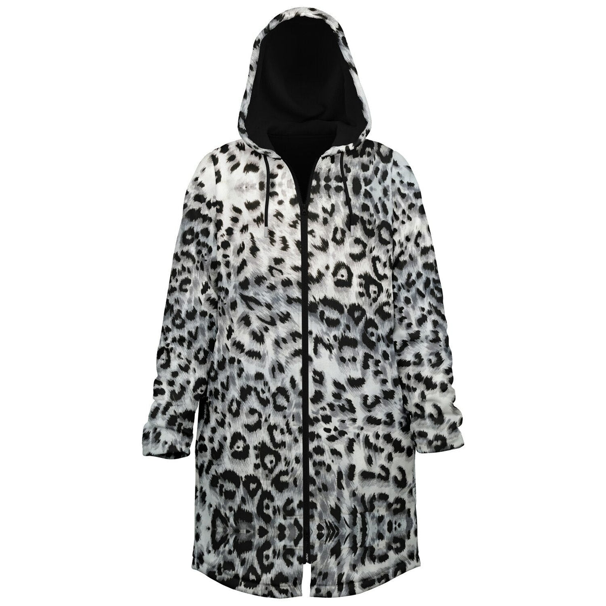 Snow Leopard Cuddle Coat | Unisex Minky Sherpa Lined Coat with Hood, Zipper and Pockets | Women and Mens Festival Coat | Mountain Fashion | Zipper Cloak - AOP | Wiccan Center