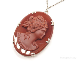 Antique Large Carved Stone Lady Cameo Sterling Silver Necklace | Jewelry > Necklaces > Pendants | Wiccan Center