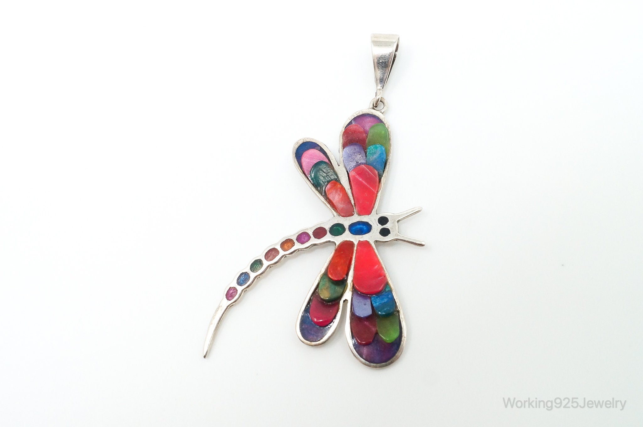 Large Vintage Handmade Multi Color Gem Inlay Dragonfly 950 Silver Pendant | Jewelry > Necklaces > Pendants | Wiccan Center