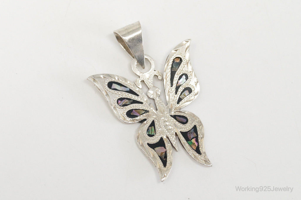 Large Vintage Mexico CC80 Abalone Etched Butterfly Sterling Silver Pendant | Jewelry > Necklaces > Pendants | Wiccan Center