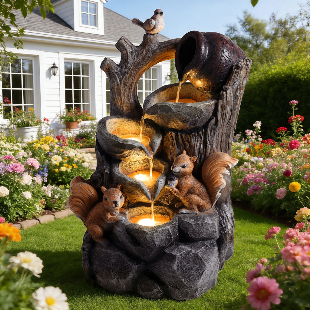 Resin Squirrel Tree Stump Outdoor Fountain 30 Inch LED