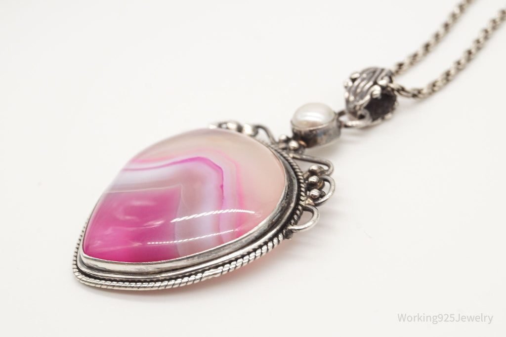 Vintage Large Pink Lace Agate & Pearl Sterling Silver Necklace | Jewelry > Necklaces > Pendants | Wiccan Center