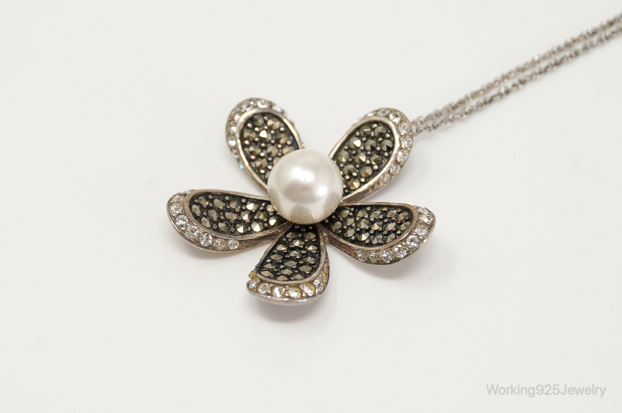 Vintage Designer SLC Pearl CZ Marcasite Sterling Silver Flower Necklace | Jewelry > Necklaces > Pendants | Wiccan Center