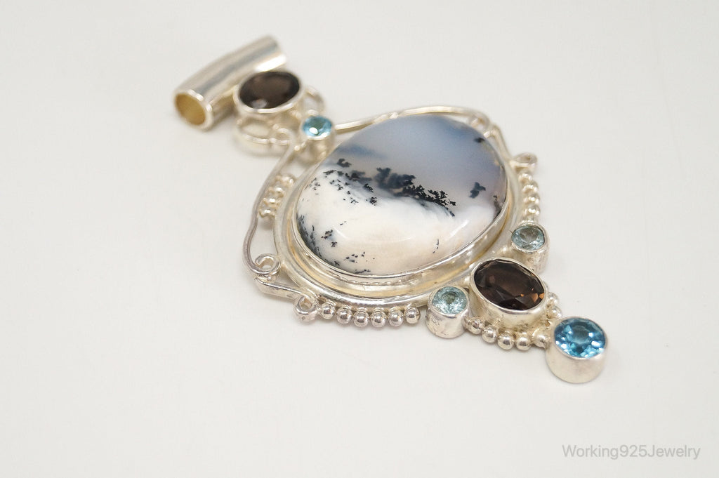 Large SAJEN Dendritic Agate Smoky Topaz Blue Topaz Sterling Silver Pendant | Jewelry > Necklaces > Pendants | Wiccan Center