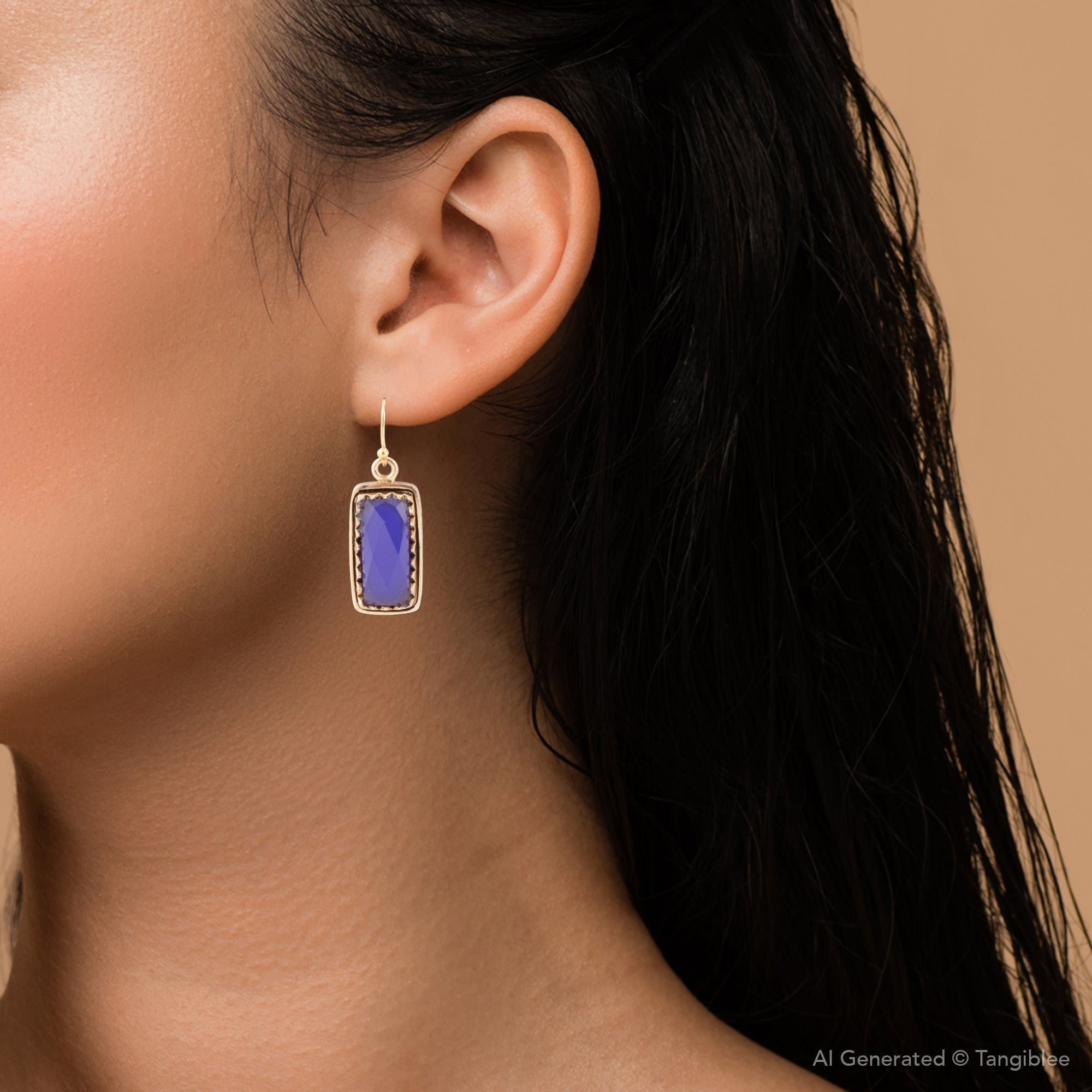 Filigreed Blue Agate Rectangular Shape Golden Drop Earrings | Earrings | Wiccan Center