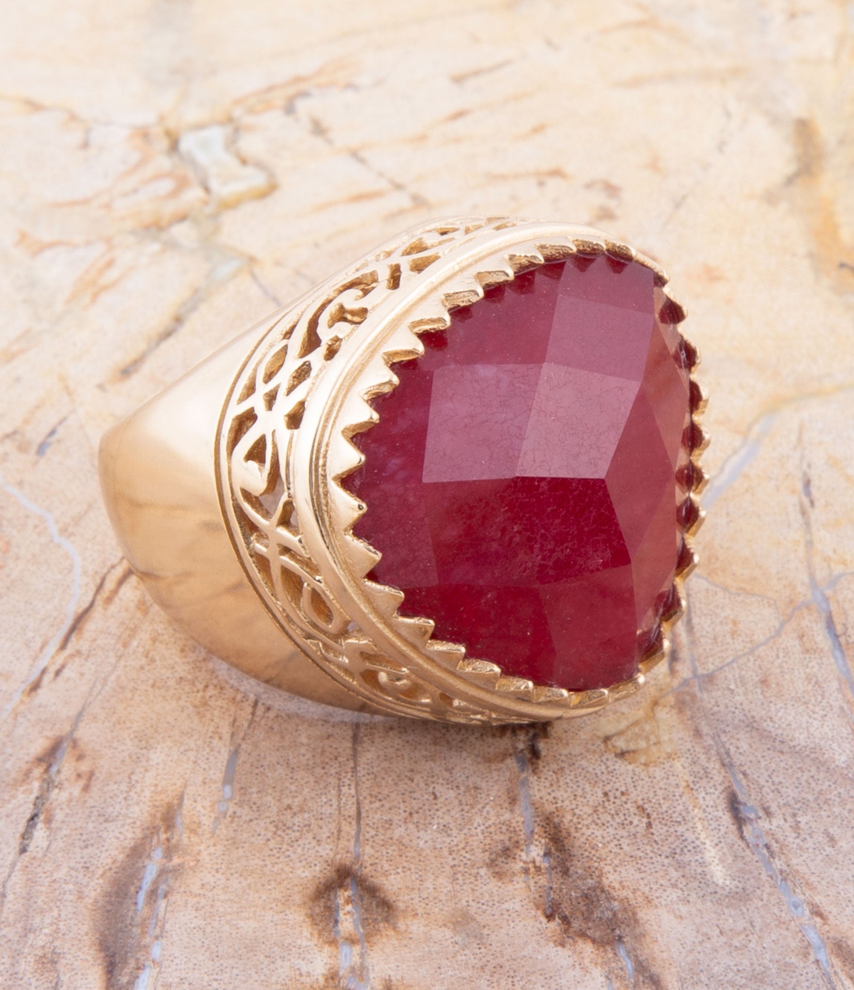 Filigreed Merlot Red Quarrtz Golden Statement Ring | Rings | Wiccan Center
