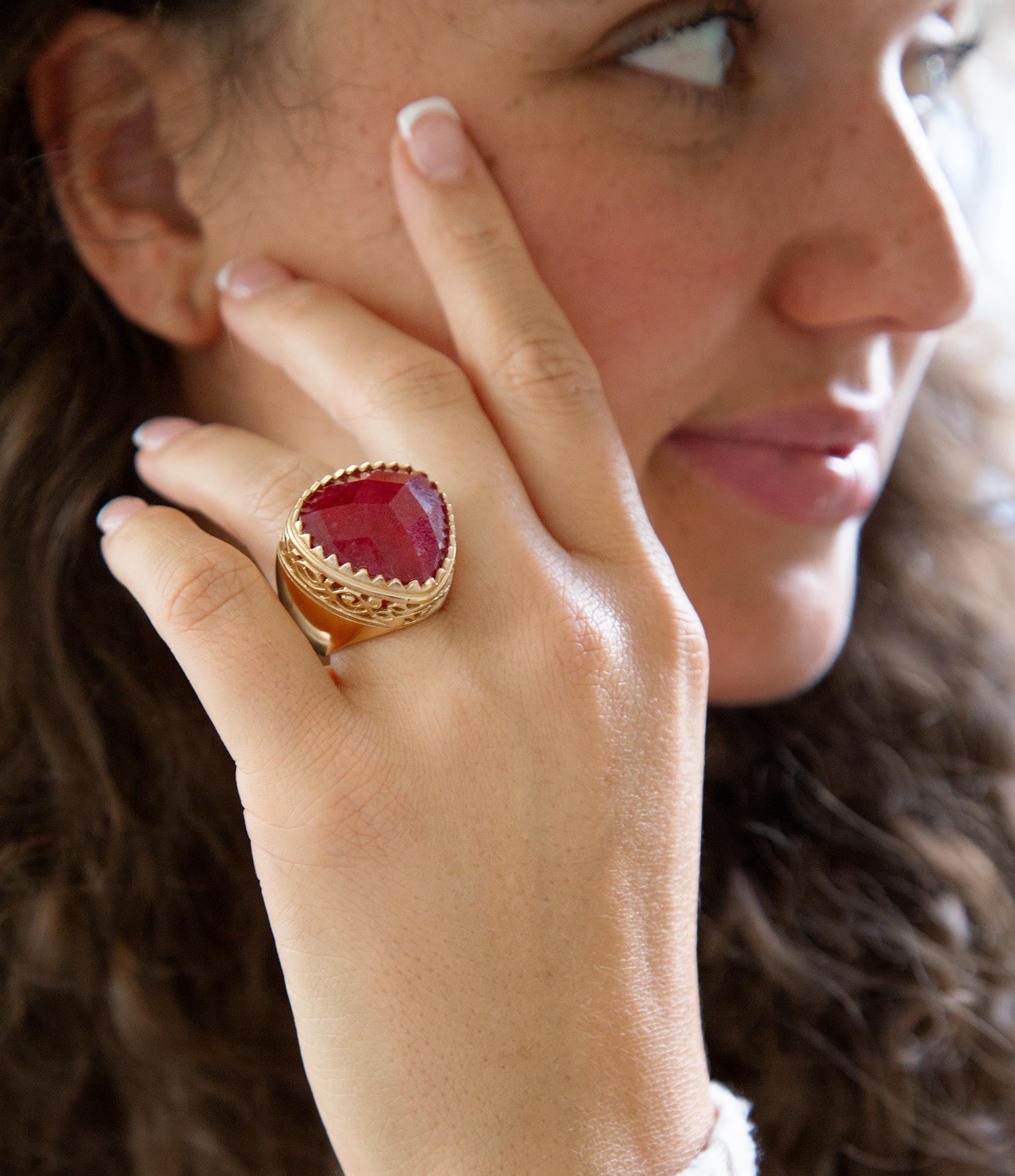 Filigreed Merlot Red Quarrtz Golden Statement Ring | Rings | Wiccan Center