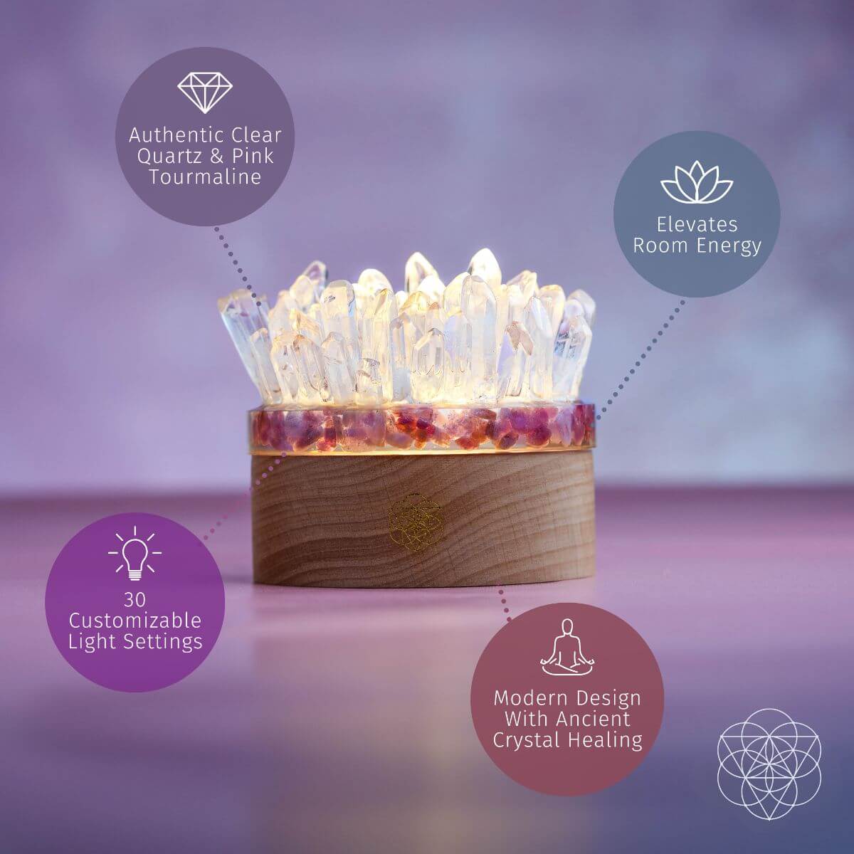Find My Peace - Quartz & Tourmaline Lamp of Blooming Tranquility | Night Light | Wiccan Center