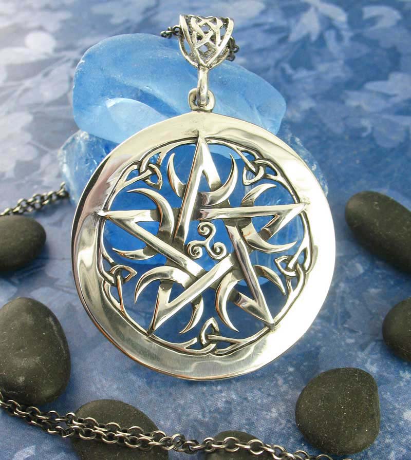 Large 1.5" Five Crescent Moons Celtic Pentacle Pendant, Engravable, Handmade | Handmade > Silver | Wiccan Center
