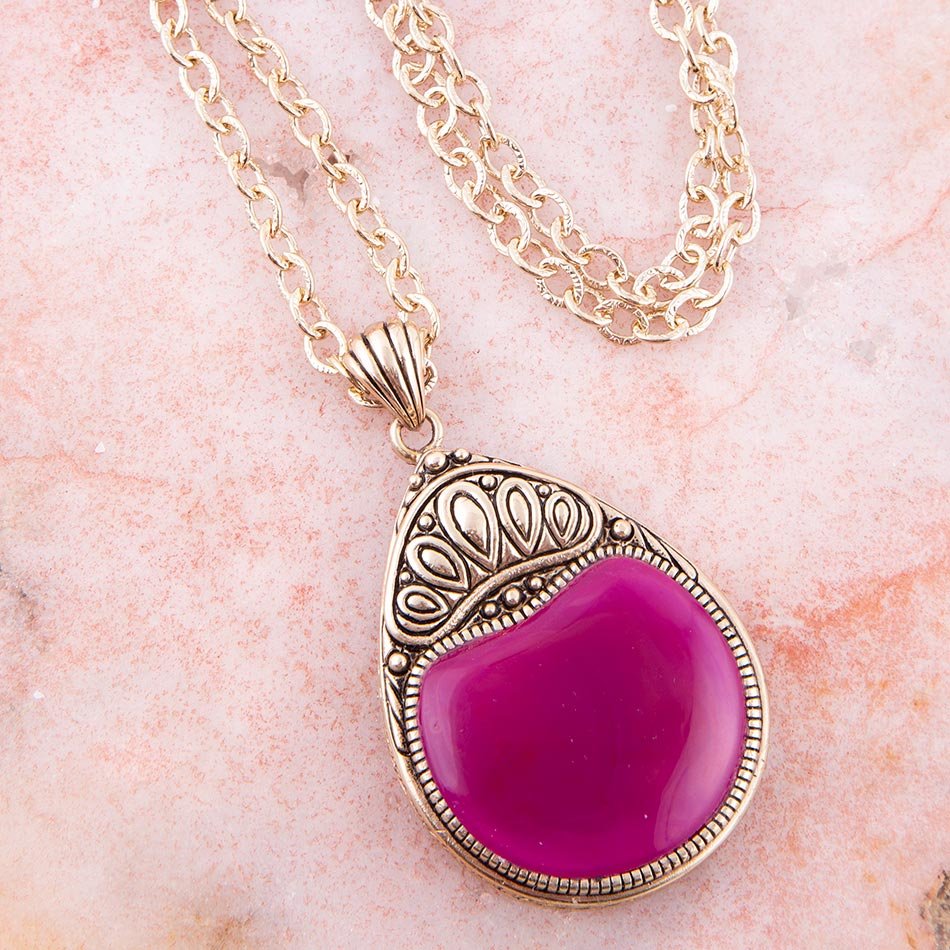 Flamenco Pink Magenta Agate Golden Pendant Necklace | Earrings | Wiccan Center