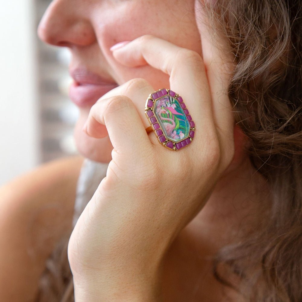 Flamingo Pink Agate Golden Statement Ring | Rings | Wiccan Center