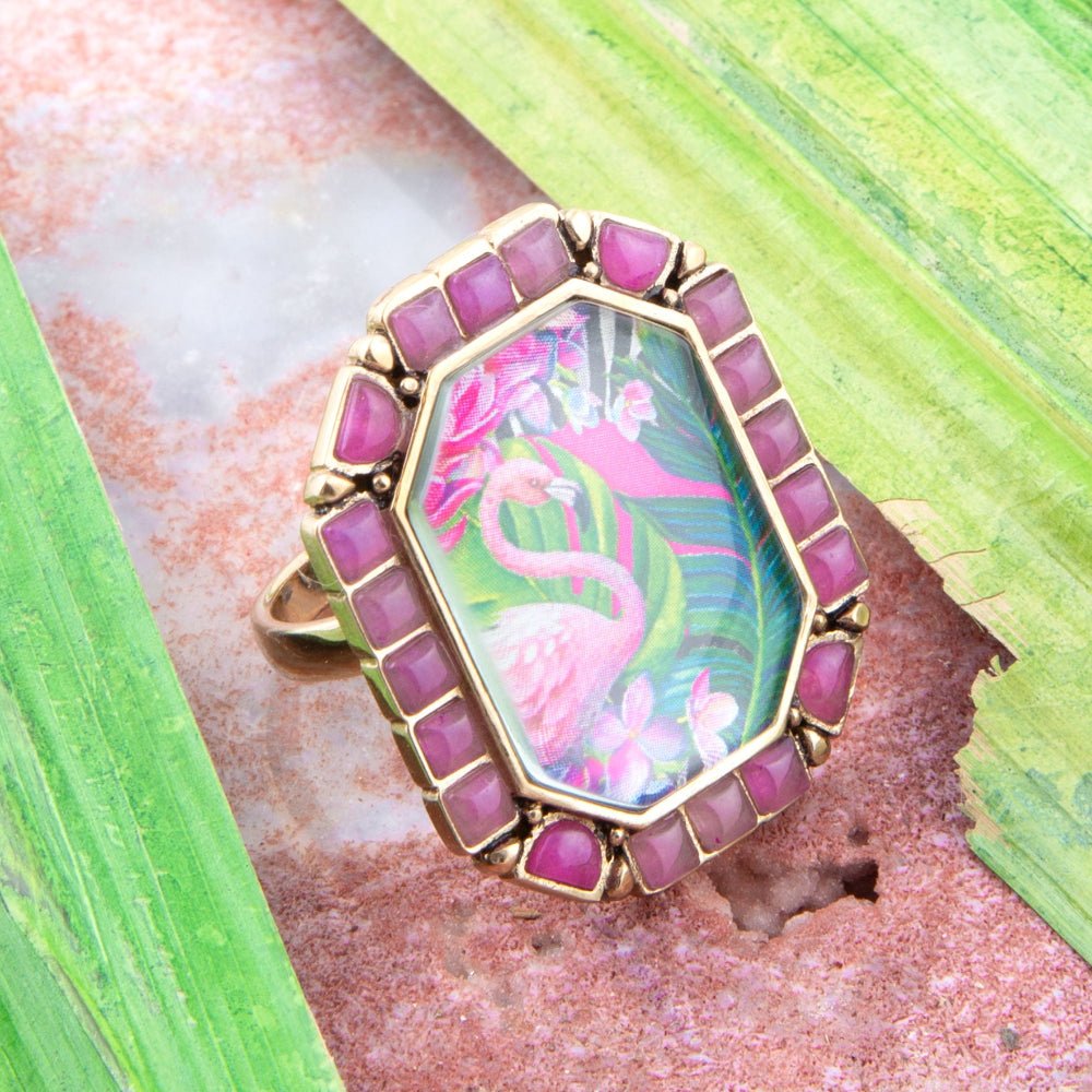Flamingo Pink Agate Golden Statement Ring | Rings | Wiccan Center