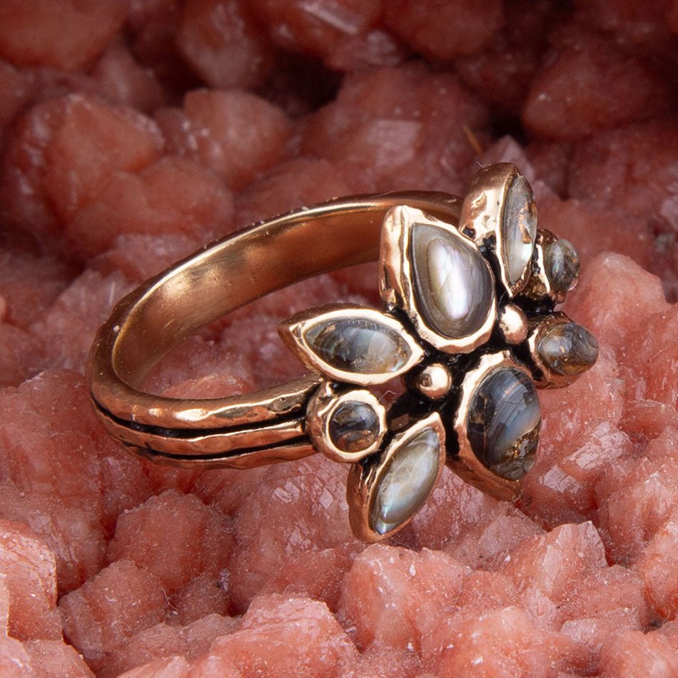 Floral Blue Abalone Golden Bronze Ring | Rings | Wiccan Center