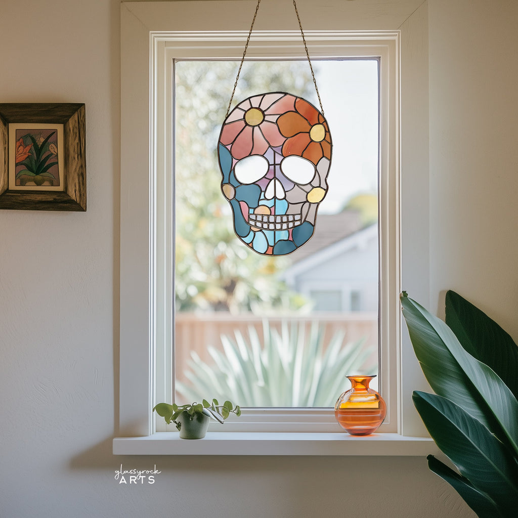 Flower Skull Stained Glass Pattern and PNG | Crafting Patterns & Molds | Wiccan Center