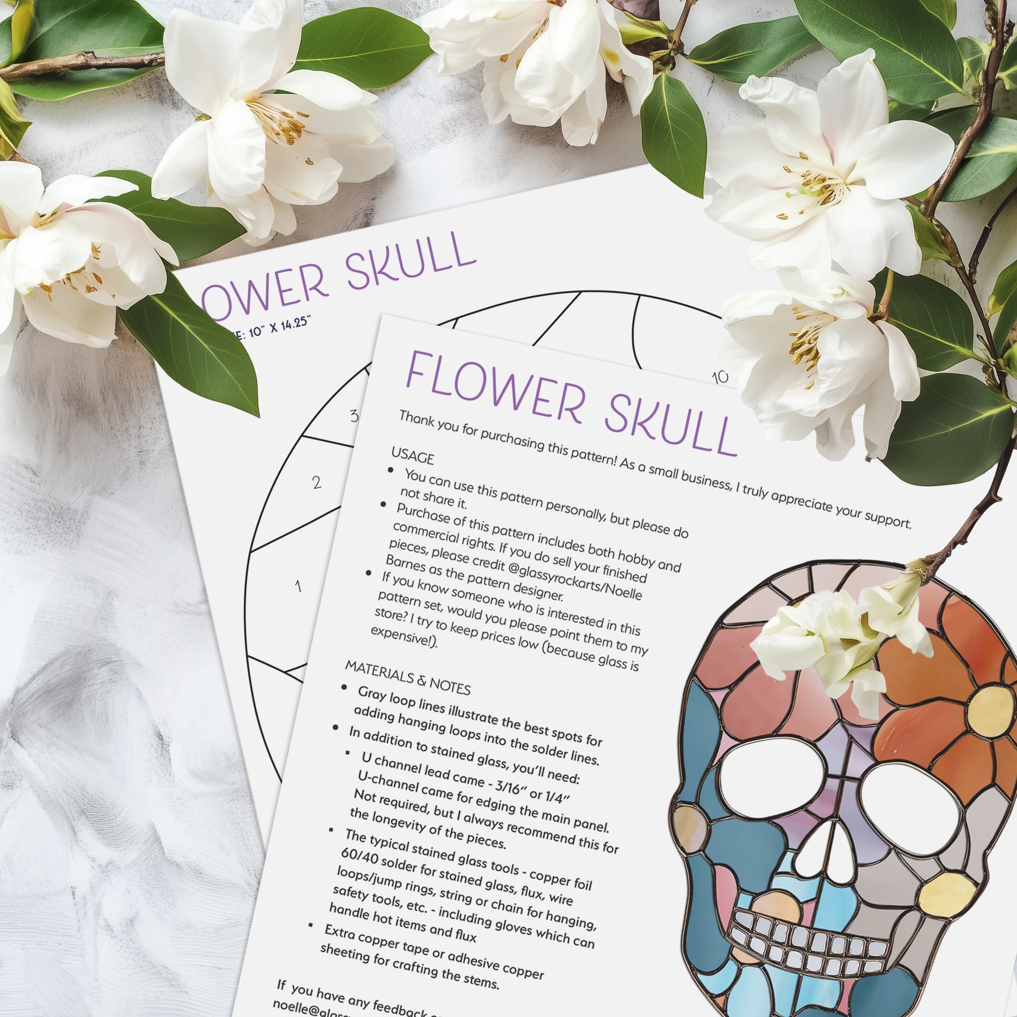 Flower Skull Stained Glass Pattern and PNG | Crafting Patterns & Molds | Wiccan Center