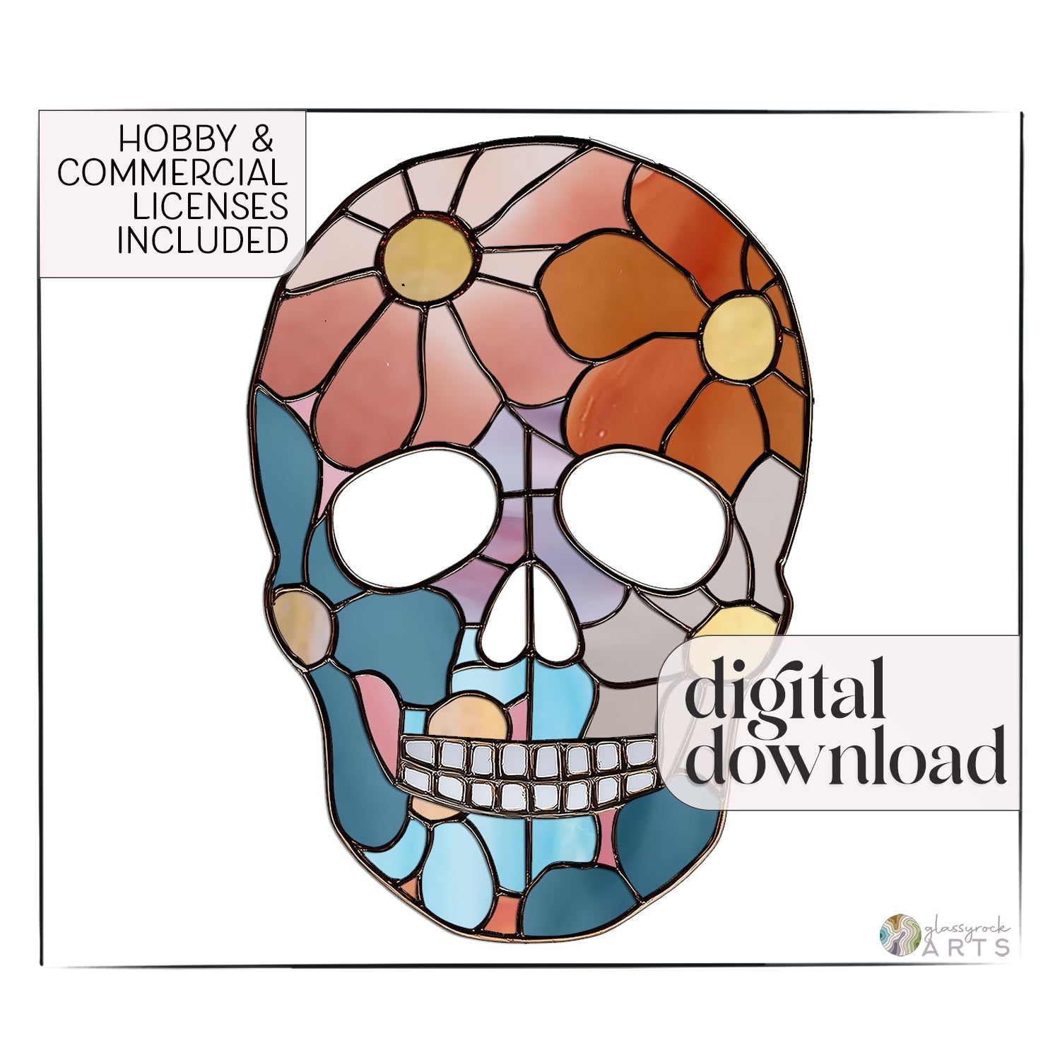 Flower Skull Stained Glass Pattern and PNG | Crafting Patterns & Molds | Wiccan Center