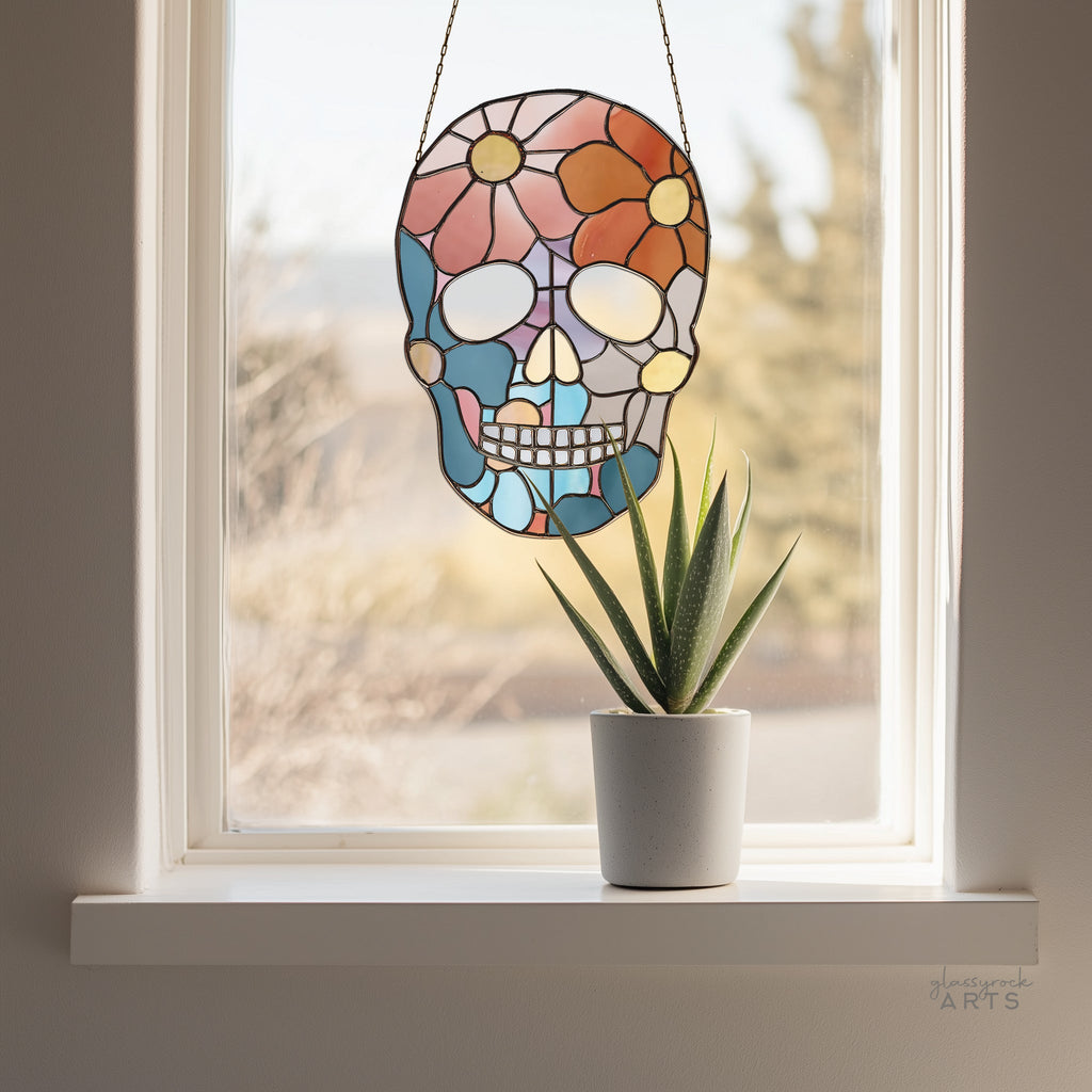 Flower Skull Stained Glass Pattern and PNG | Crafting Patterns & Molds | Wiccan Center