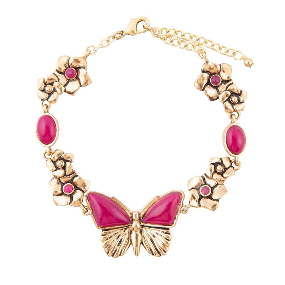 Pink Fuchsia Agate Golden Butterflies Adjustable Bracelet | Bracelets | Wiccan Center