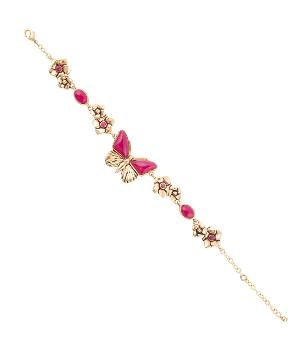 Pink Fuchsia Agate Golden Butterflies Adjustable Bracelet | Bracelets | Wiccan Center