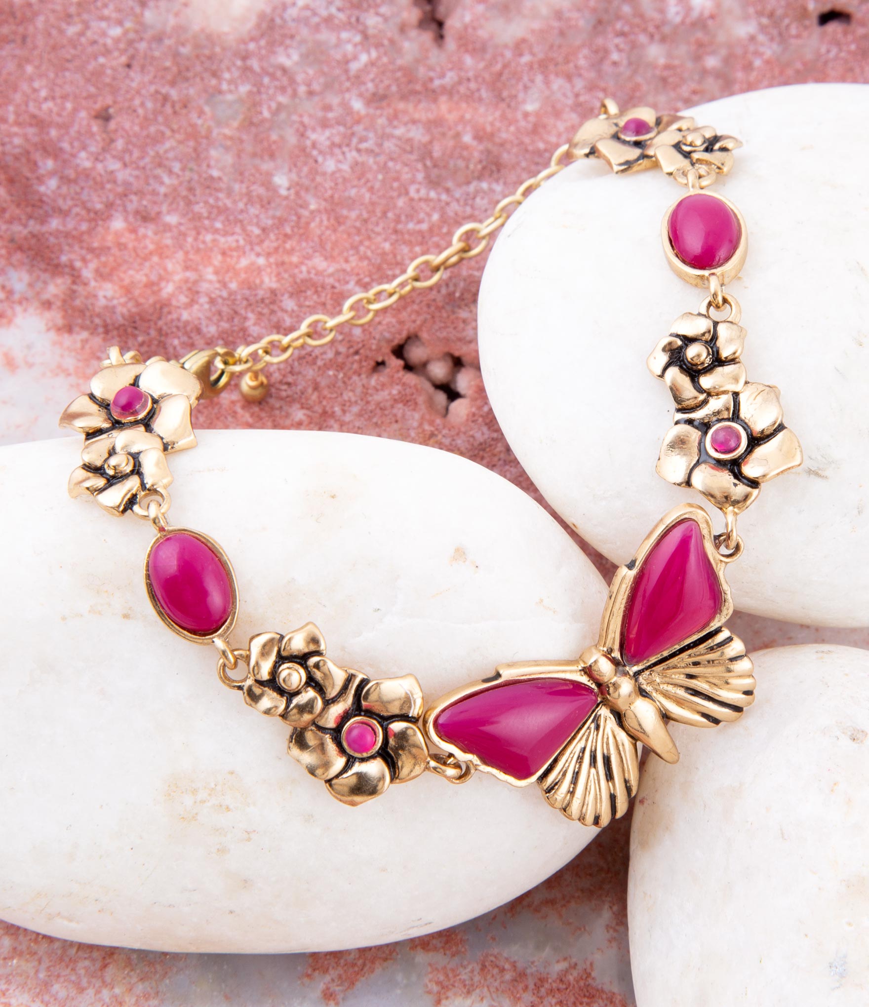 Pink Fuchsia Agate Golden Butterflies Adjustable Bracelet | Bracelets | Wiccan Center