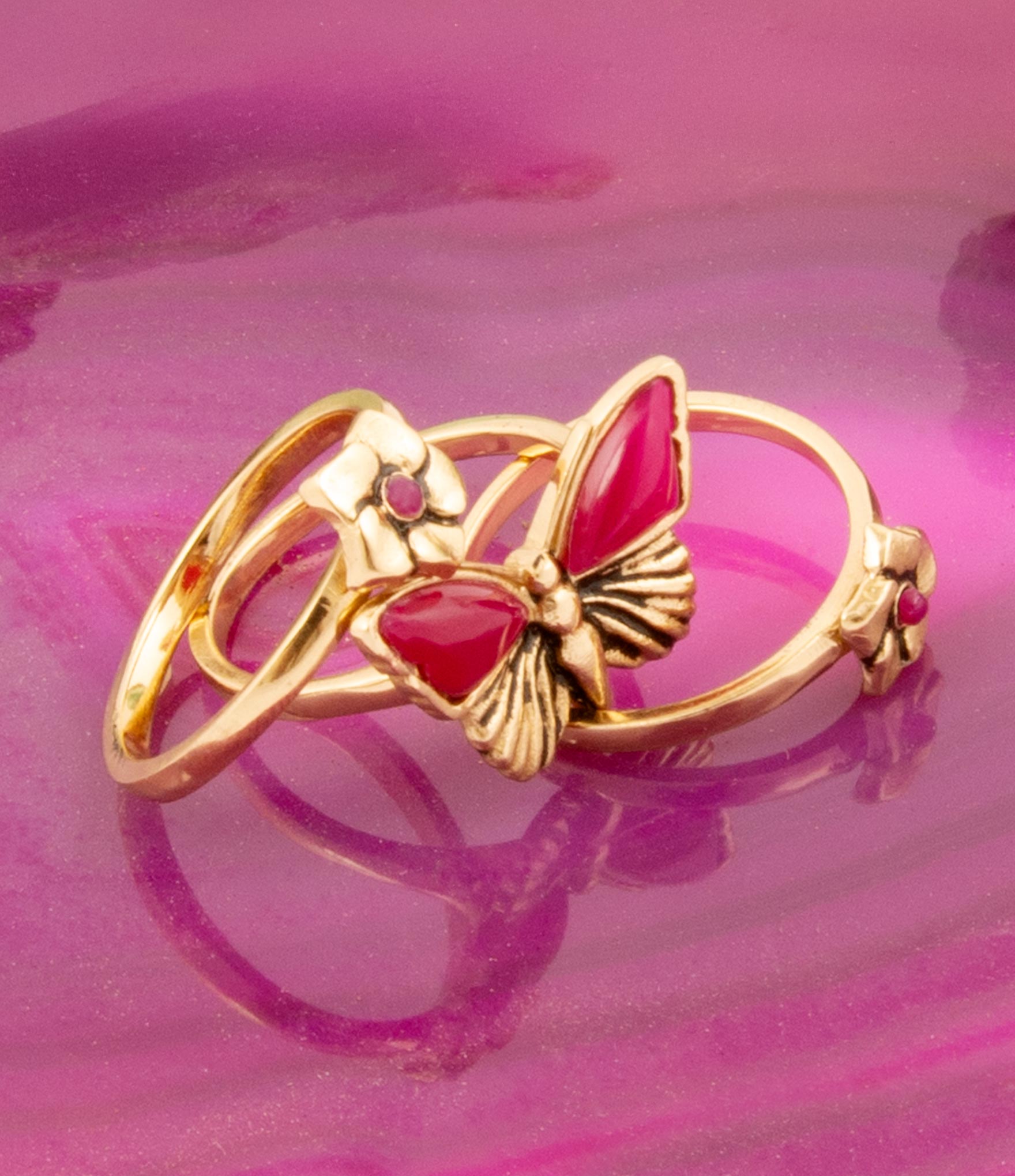 Pink Fuchsia Agate Golden Butterflies Triple Ring Set | Rings | Wiccan Center