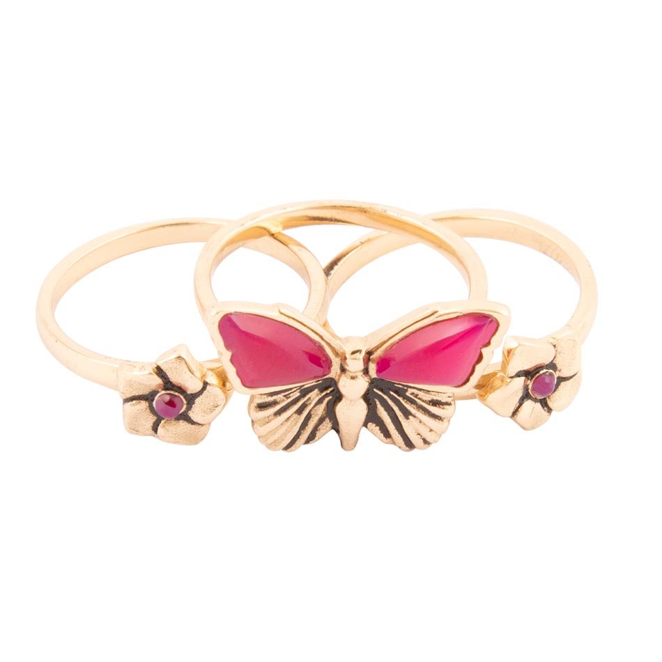 Pink Fuchsia Agate Golden Butterflies Triple Ring Set | Rings | Wiccan Center
