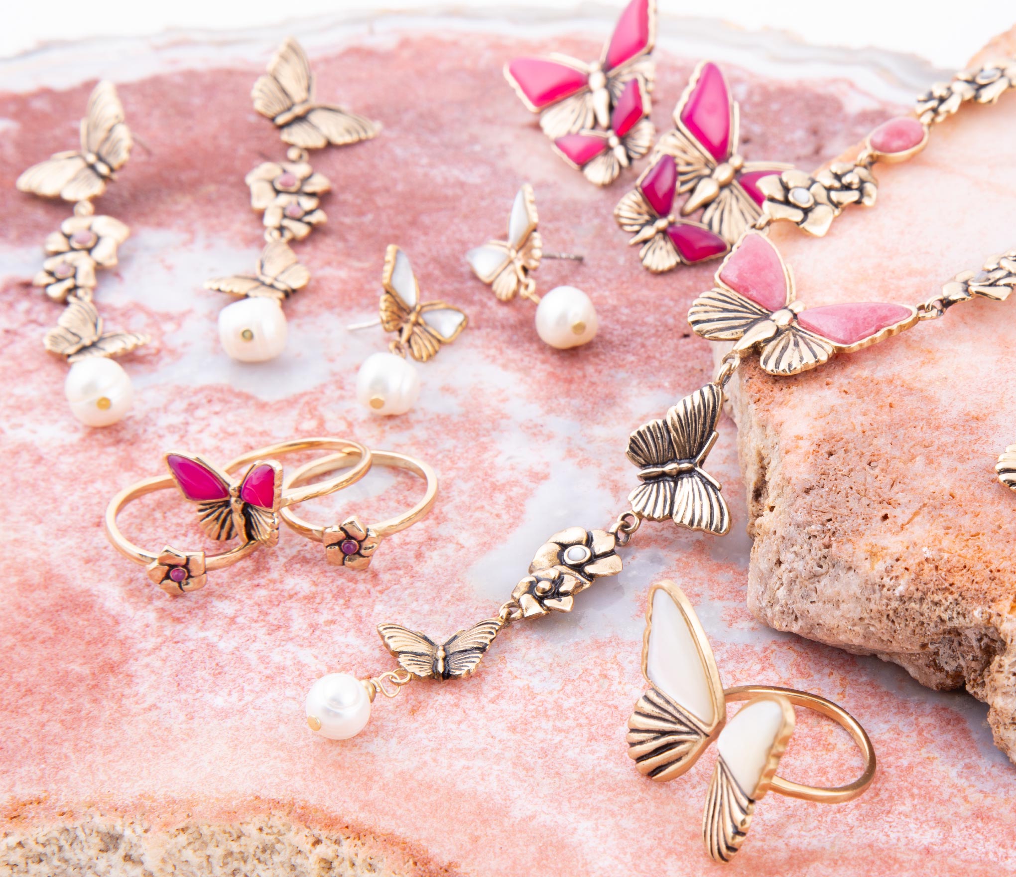 Pink Fuchsia Agate Golden Butterflies Triple Ring Set | Rings | Wiccan Center