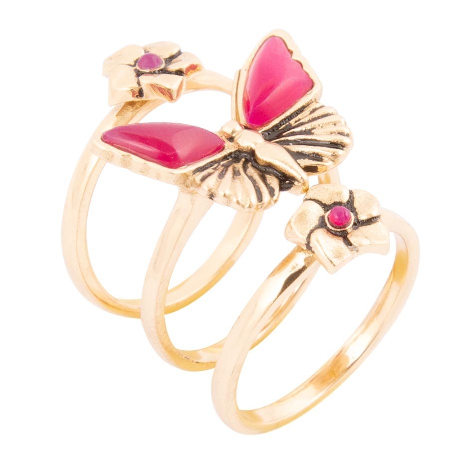 Pink Fuchsia Agate Golden Butterflies Triple Ring Set | Rings | Wiccan Center