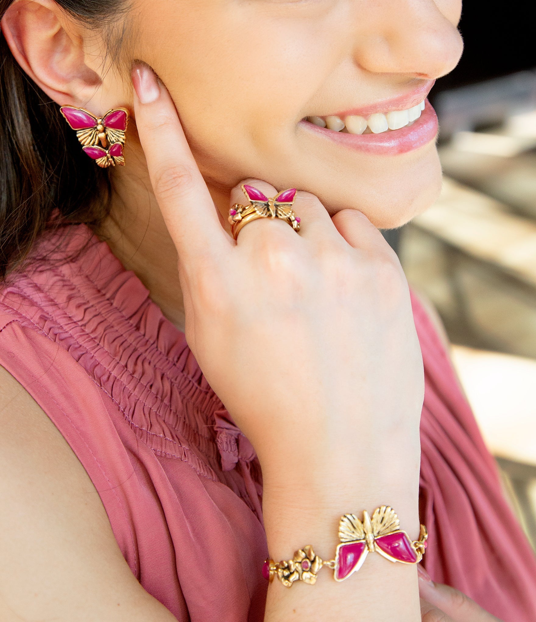 Pink Fuchsia Agate Golden Butterflies Triple Ring Set | Rings | Wiccan Center