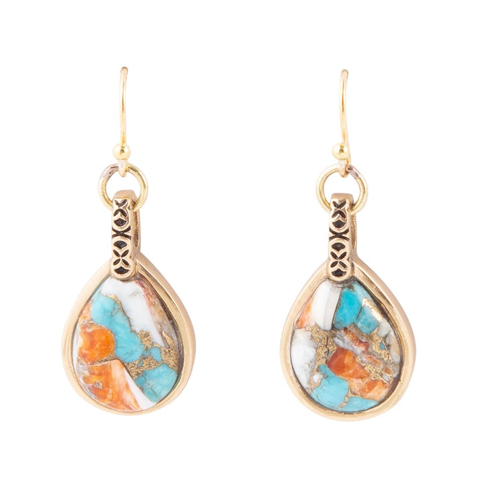 Blue and Orange Turquoise and Spiny Oyster Shell Stone Mix Golden Earrings | Earrings | Wiccan Center