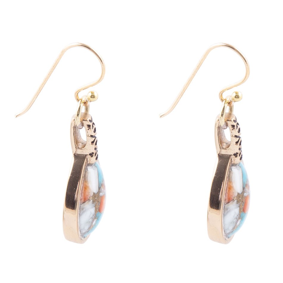 Blue and Orange Turquoise and Spiny Oyster Shell Stone Mix Golden Earrings | Earrings | Wiccan Center