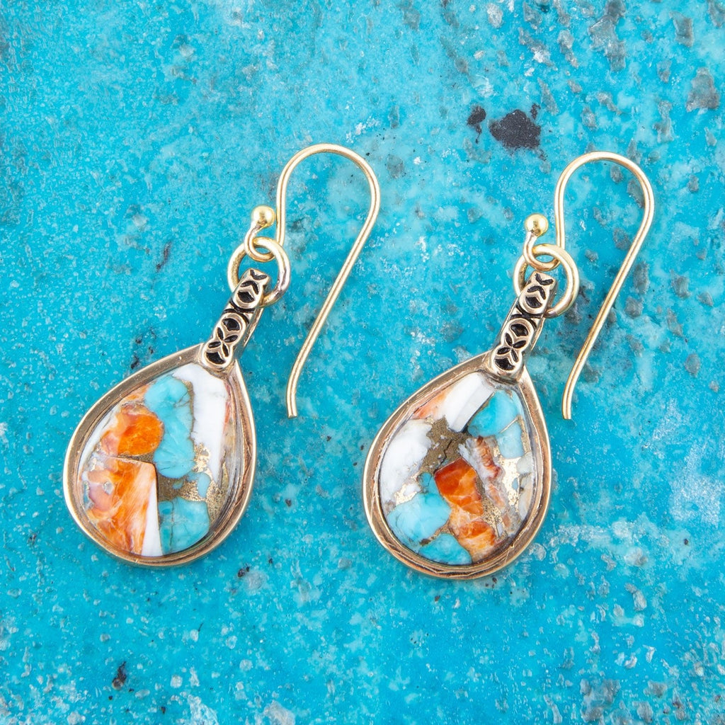 Blue and Orange Turquoise and Spiny Oyster Shell Stone Mix Golden Earrings | Earrings | Wiccan Center