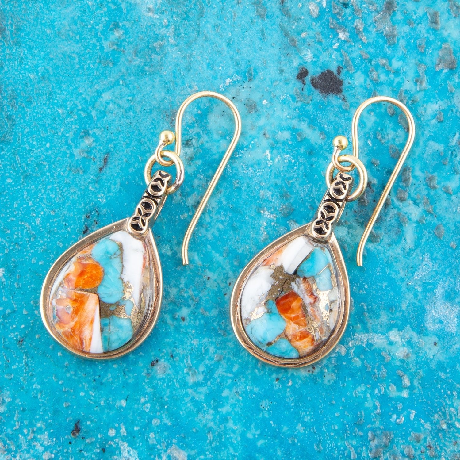 Blue and Orange Turquoise and Spiny Oyster Shell Stone Mix Golden Earrings | Earrings | Wiccan Center