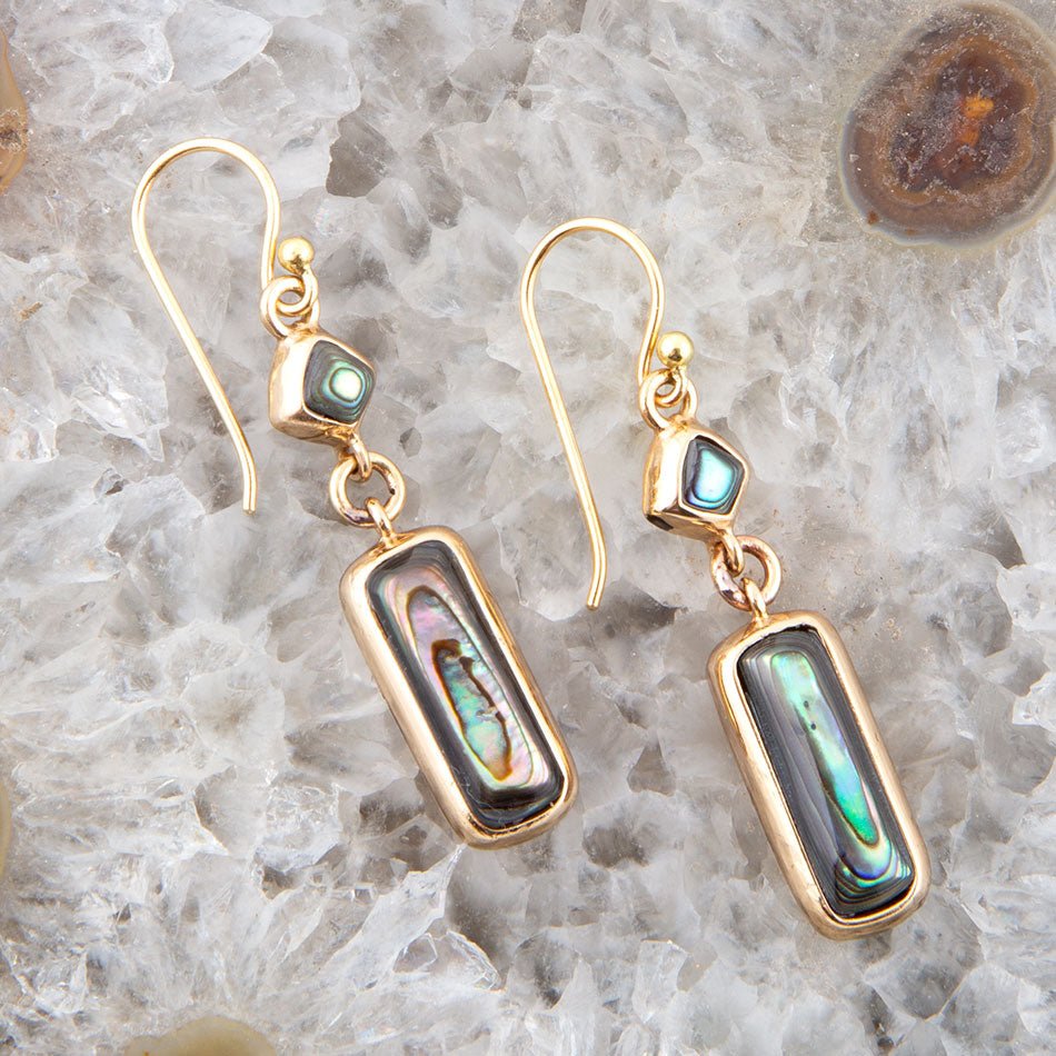 Geo Blue Abalone Golden Drop Earrings | Earrings | Wiccan Center