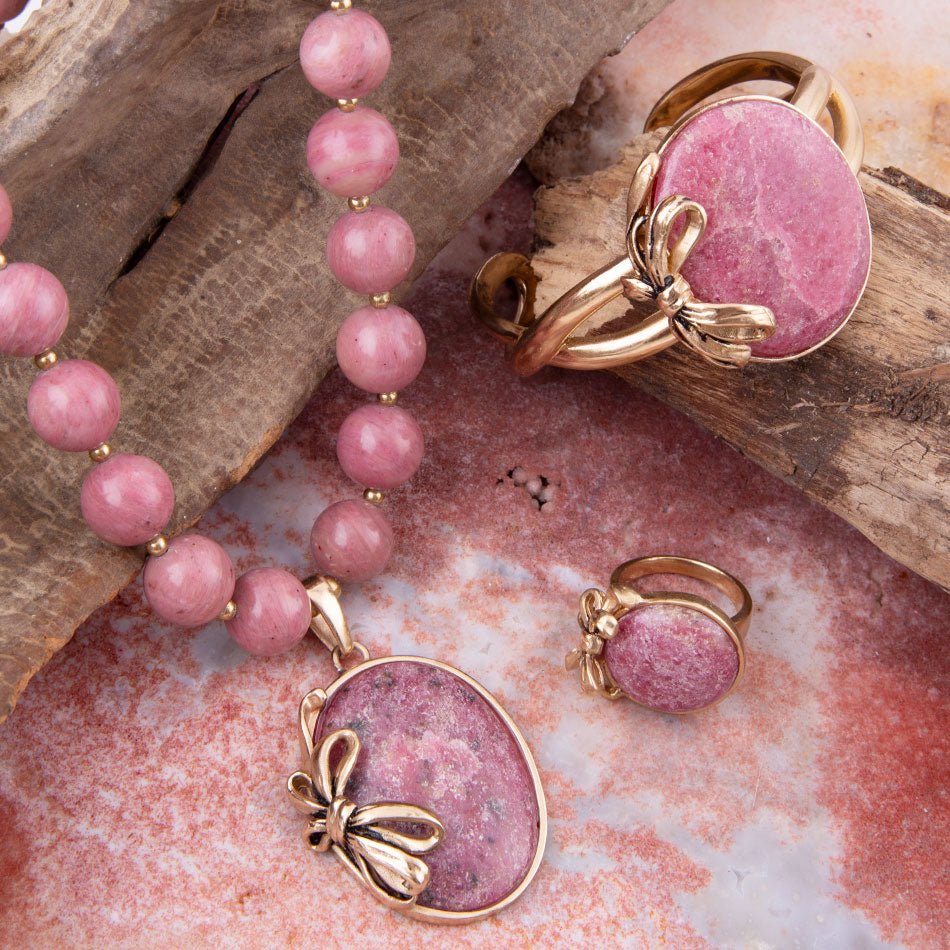 Gifted Pink Rhodonite Gold Bow Beaded Pendant Necklace | Necklaces | Wiccan Center
