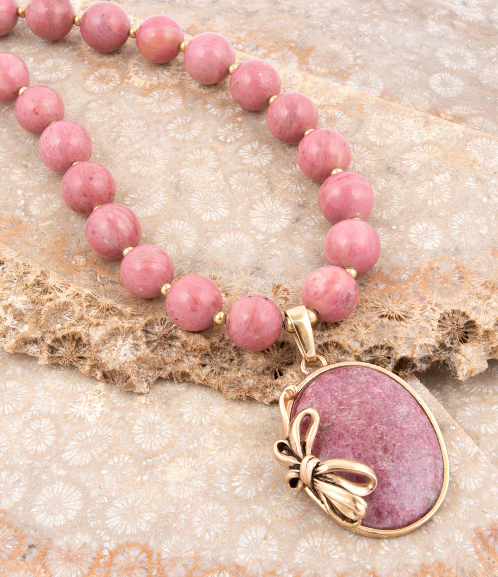 Gifted Pink Rhodonite Gold Bow Beaded Pendant Necklace | Necklaces | Wiccan Center