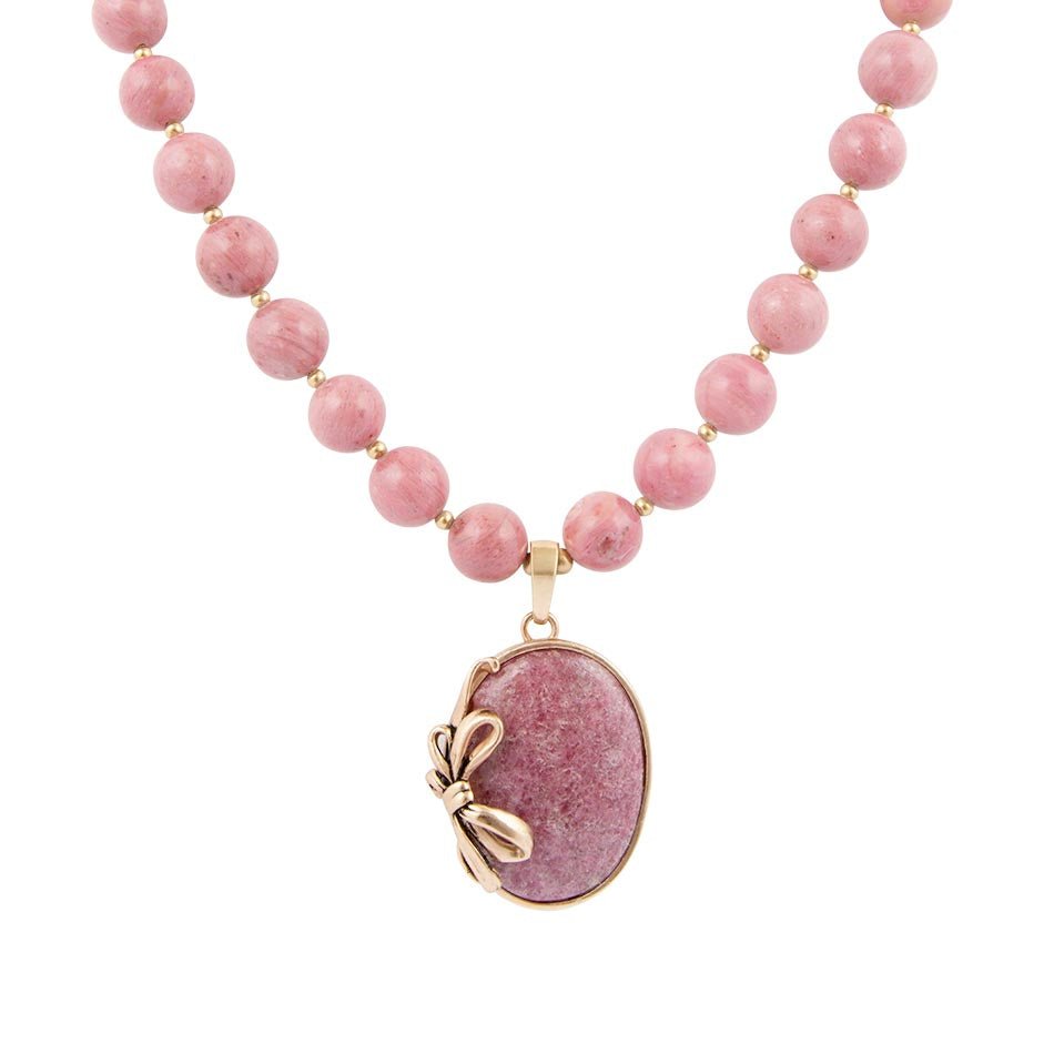 Gifted Pink Rhodonite Gold Bow Beaded Pendant Necklace | Necklaces | Wiccan Center