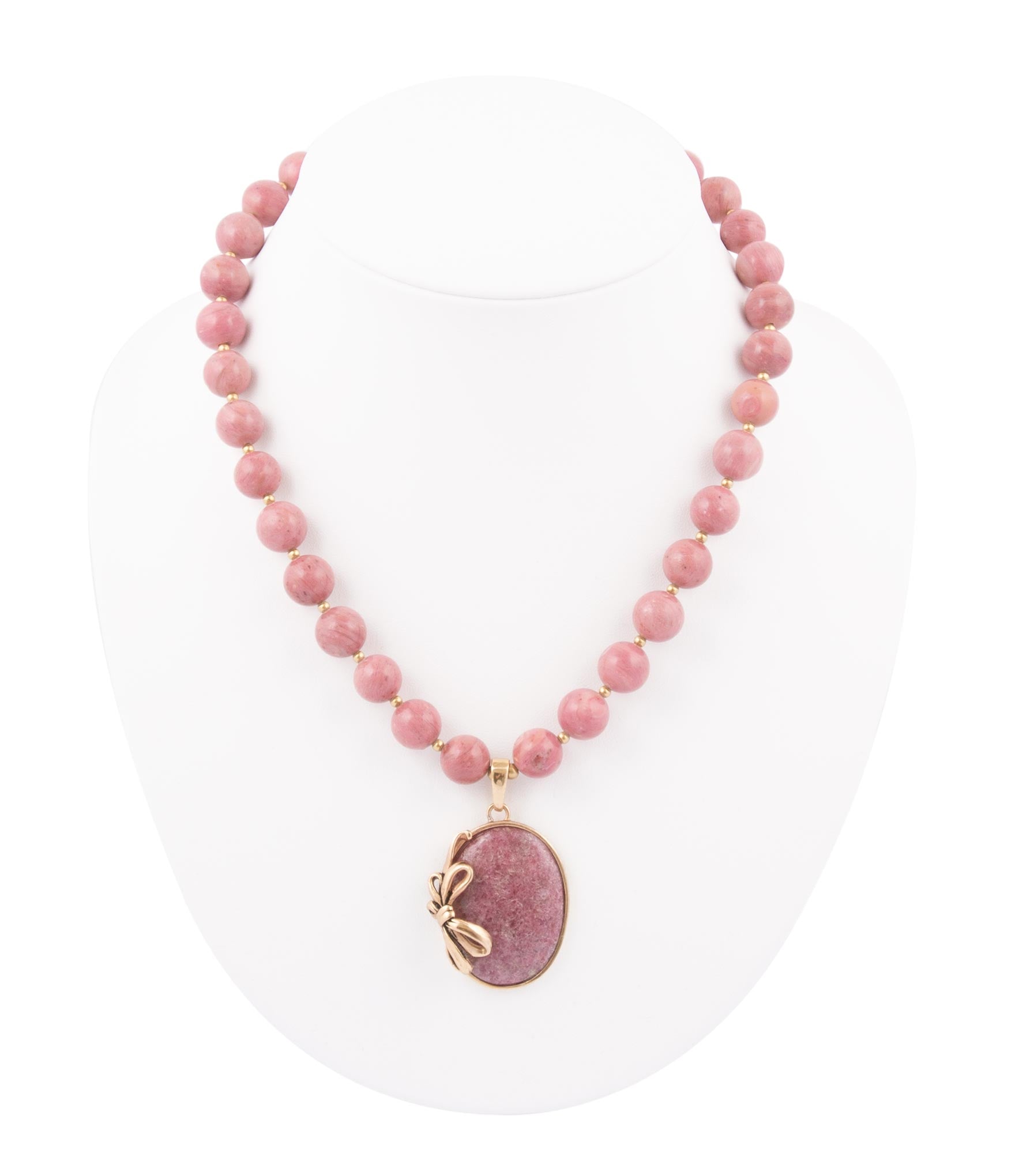 Gifted Pink Rhodonite Gold Bow Beaded Pendant Necklace | Necklaces | Wiccan Center