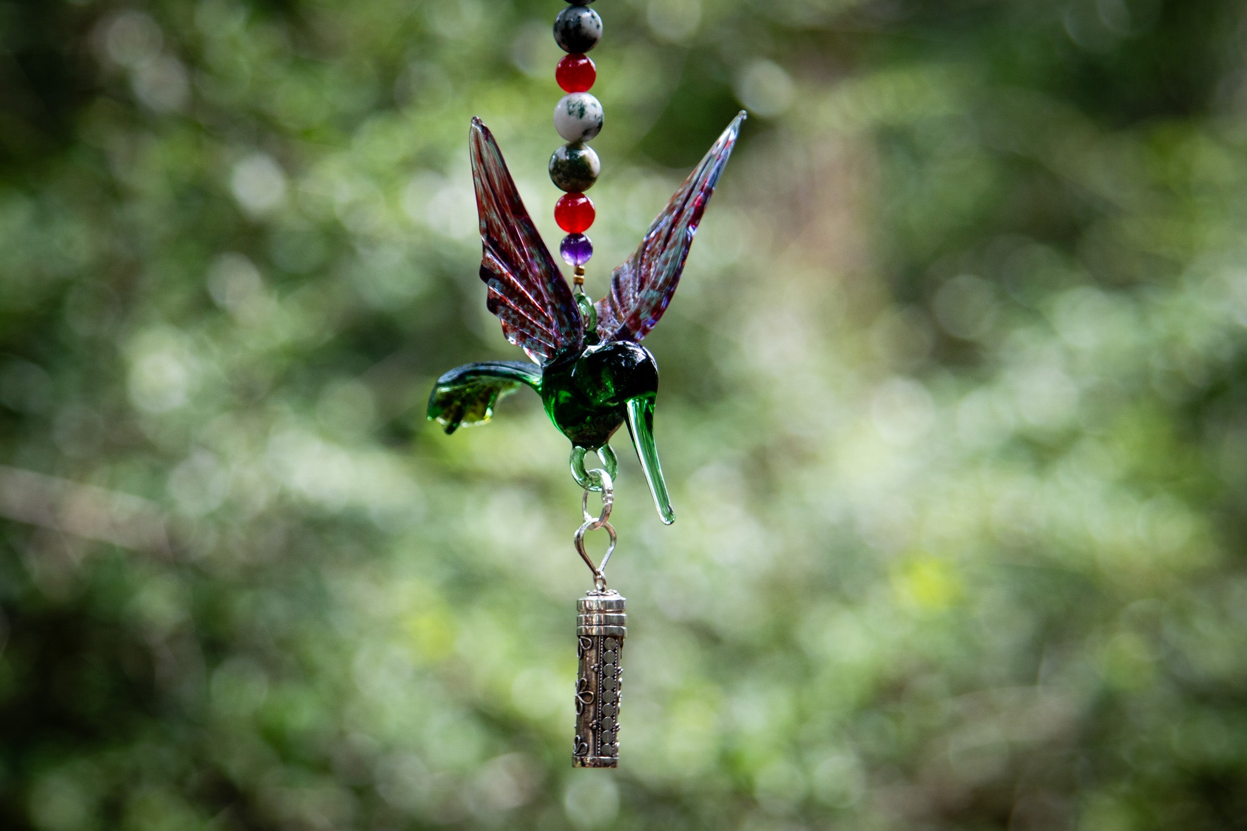 Green and Red Hummingbird with Keepsake Pendant