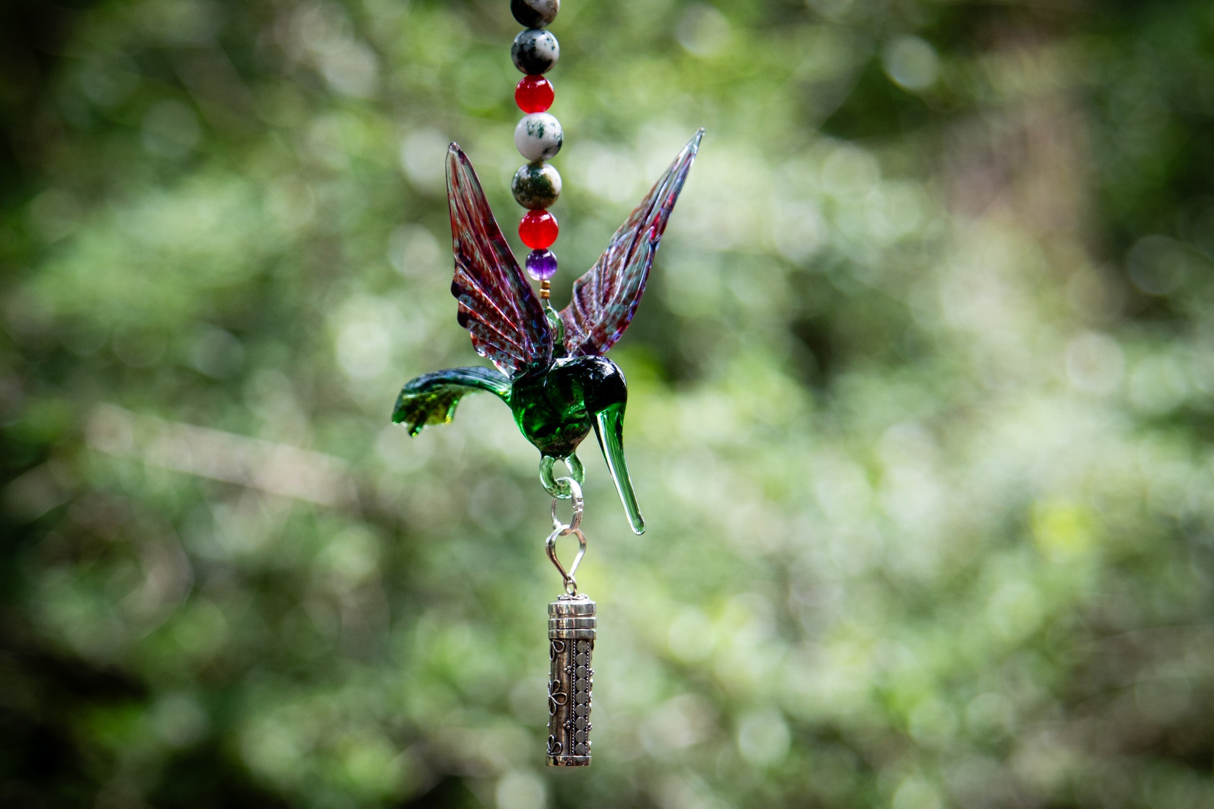 Green and Red Hummingbird with Keepsake Pendant