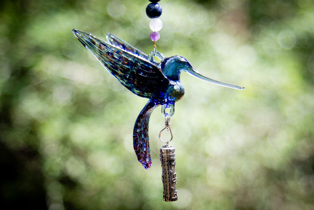 Blue Hummingbird Spotted Red Wings with Keepsake Pendant