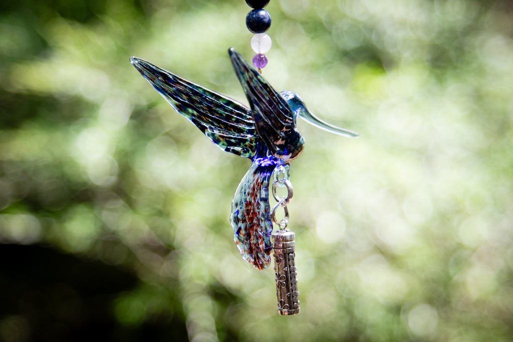 Blue Hummingbird Spotted Red Wings with Keepsake Pendant