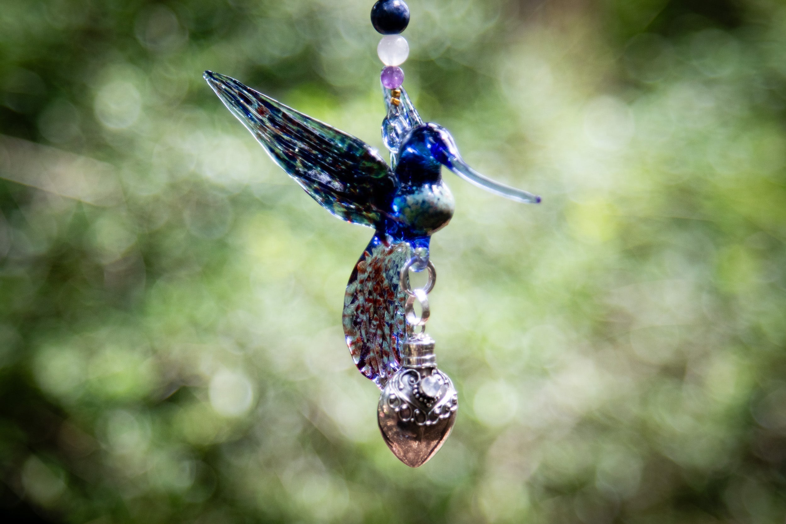 Blue Hummingbird Spotted Red Wings with Keepsake Pendant