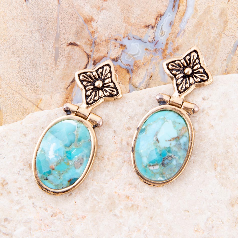 Golden Flower and Blue Turquoise Drop Earrings | Earrings | Wiccan Center
