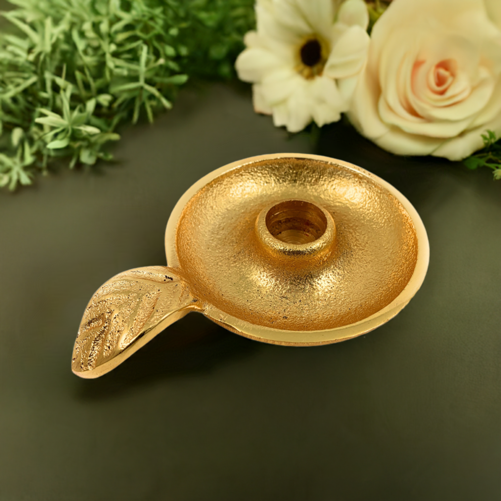 Vibhsa Gold Taper Candlestick Holder Dish | Leaf Handle, Rustic Gold, Aluminum | home Decor | Wiccan Center